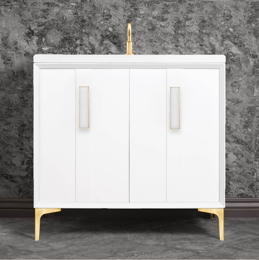 Linkasink - TUXEDO with 8'' Artisan Glass Prism Hardware 36'' Wide Vanity, White, Satin Brass Hardware, 36'' x 22'' x 33.5'' (without vanity top) - Satin Brass with White Prism Glass