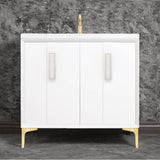 Linkasink - TUXEDO with 8'' Artisan Glass Prism Hardware 36'' Wide Vanity, White, Satin Brass Hardware, 36'' x 22'' x 33.5'' (without vanity top) - Satin Brass with White Prism Glass