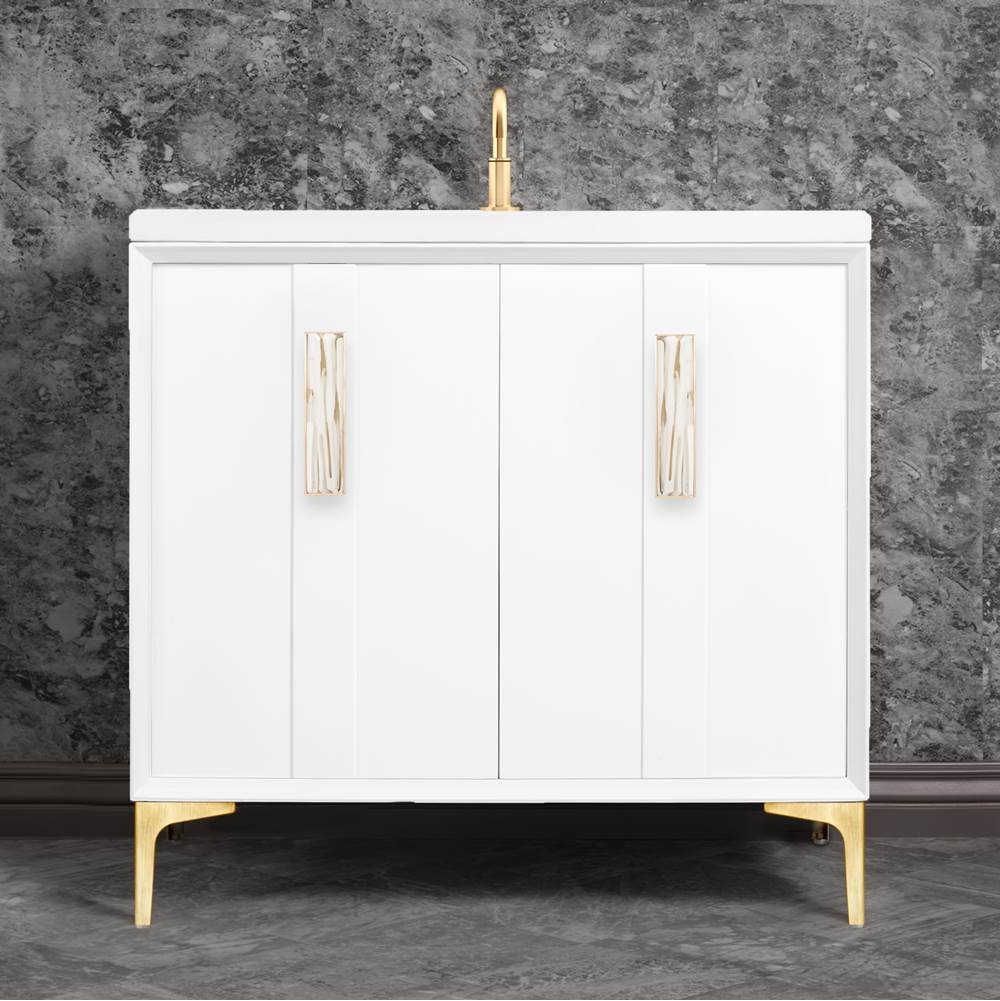 Linkasink - Tuxedo with 8'' White Tiger Artisan Glass Prism, 36'' Wide Vanity, White, Satin Brass Hardware with White Glass, 36'' x 22'' x 33.5'' (without vanity top) - Satin Brass with White Tiger Prism Glass