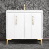Linkasink - Tuxedo with 8'' White Tiger Artisan Glass Prism, 36'' Wide Vanity, White, Satin Brass Hardware with White Glass, 36'' x 22'' x 33.5'' (without vanity top) - Satin Brass with White Tiger Prism Glass