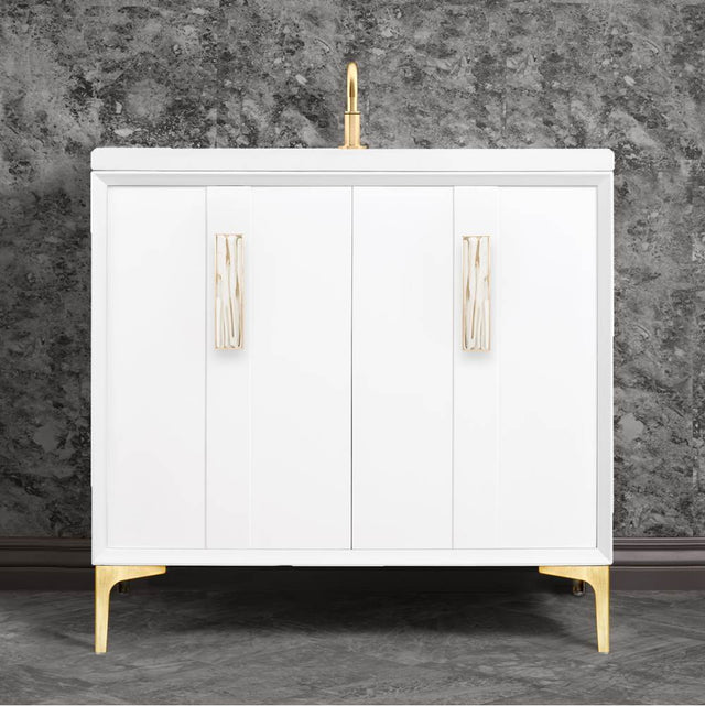 Linkasink - Tuxedo with 8'' White Tiger Artisan Glass Prism, 36'' Wide Vanity, White, Satin Brass Hardware with White Glass, 36'' x 22'' x 33.5'' (without vanity top) - Satin Brass with White Tiger Prism Glass