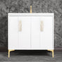 Linkasink - Tuxedo with 8'' White Tiger Artisan Glass Prism, 36'' Wide Vanity, White, Satin Brass Hardware with White Glass, 36'' x 22'' x 33.5'' (without vanity top) - Satin Brass with White Tiger Prism Glass