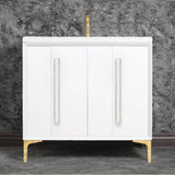 Linkasink - TUXEDO with 18'' Artisan Glass Prism Hardware 36'' Wide Vanity, White, Polished Brass Hardware, 36'' x 22'' x 33.5'' (without vanity top) - Polished Brass with White Prism Glass