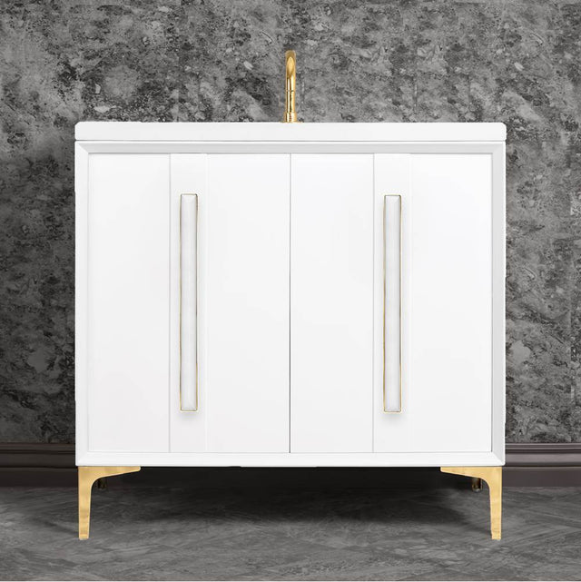 Linkasink - TUXEDO with 18'' Artisan Glass Prism Hardware 36'' Wide Vanity, White, Polished Brass Hardware, 36'' x 22'' x 33.5'' (without vanity top) - Polished Brass with White Prism Glass