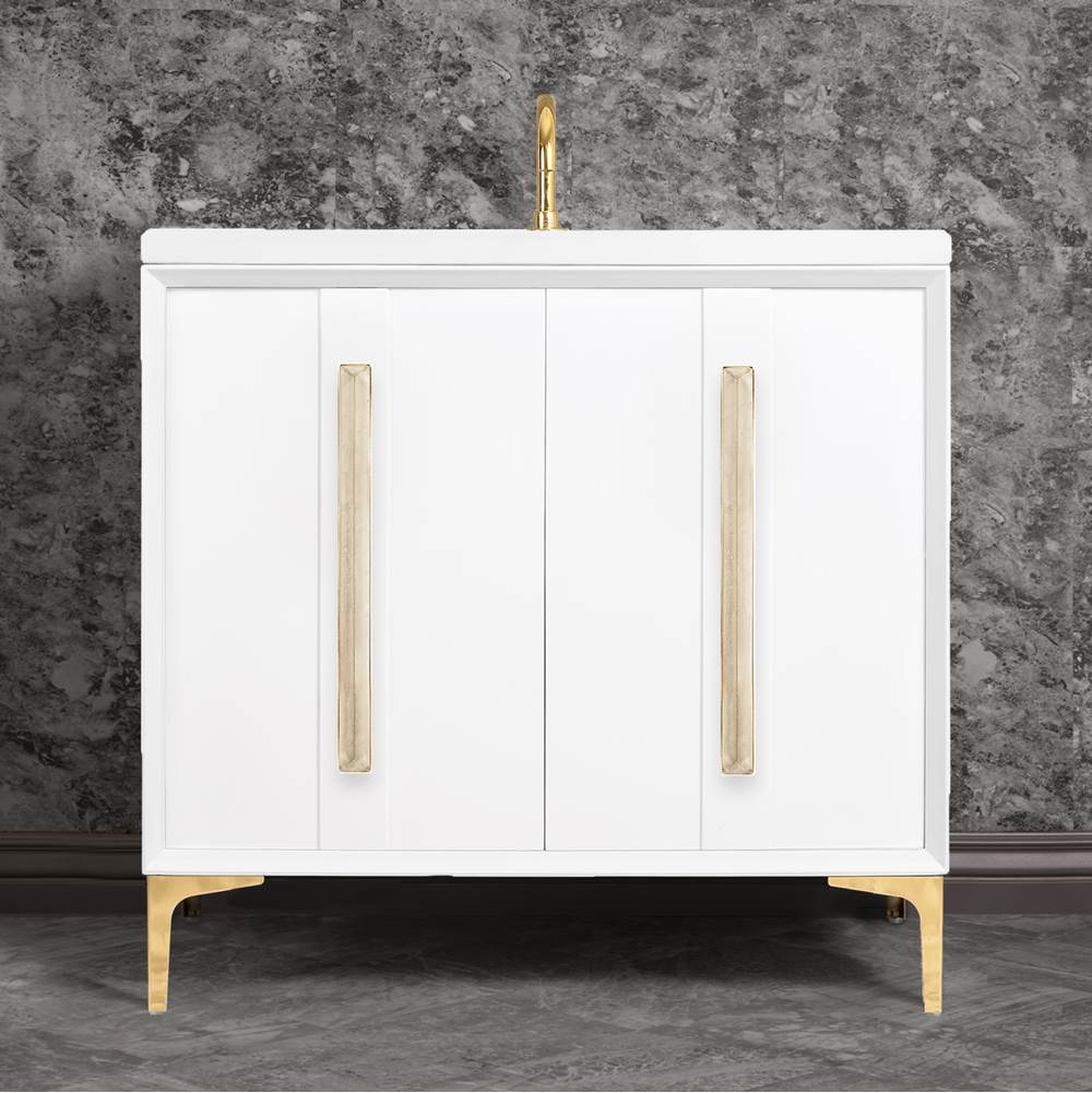 Linkasink - TUXEDO with 18'' Artisan Glass Prism Hardware 36'' Wide Vanity, White, Polished Brass Hardware, 36'' x 22'' x 33.5'' (without vanity top) - Polished Brass with Eglomise Prism Glass