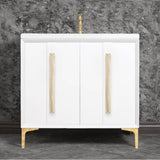 Linkasink - TUXEDO with 18'' Artisan Glass Prism Hardware 36'' Wide Vanity, White, Polished Brass Hardware, 36'' x 22'' x 33.5'' (without vanity top) - Polished Brass with Eglomise Prism Glass