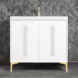 Linkasink - TUXEDO with 18'' Artisan Glass Prism Hardware 36'' Wide Vanity, White, Satin Brass Hardware, 36'' x 22'' x 33.5'' (without vanity top) - Satin Brass with White Prism Glass