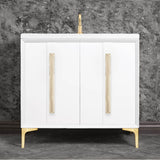 Linkasink - TUXEDO with 18'' Artisan Glass Prism Hardware 36'' Wide Vanity, White, Satin Brass Hardware, 36'' x 22'' x 33.5'' (without vanity top) - Satin Brass with Eglomise Prism Glass