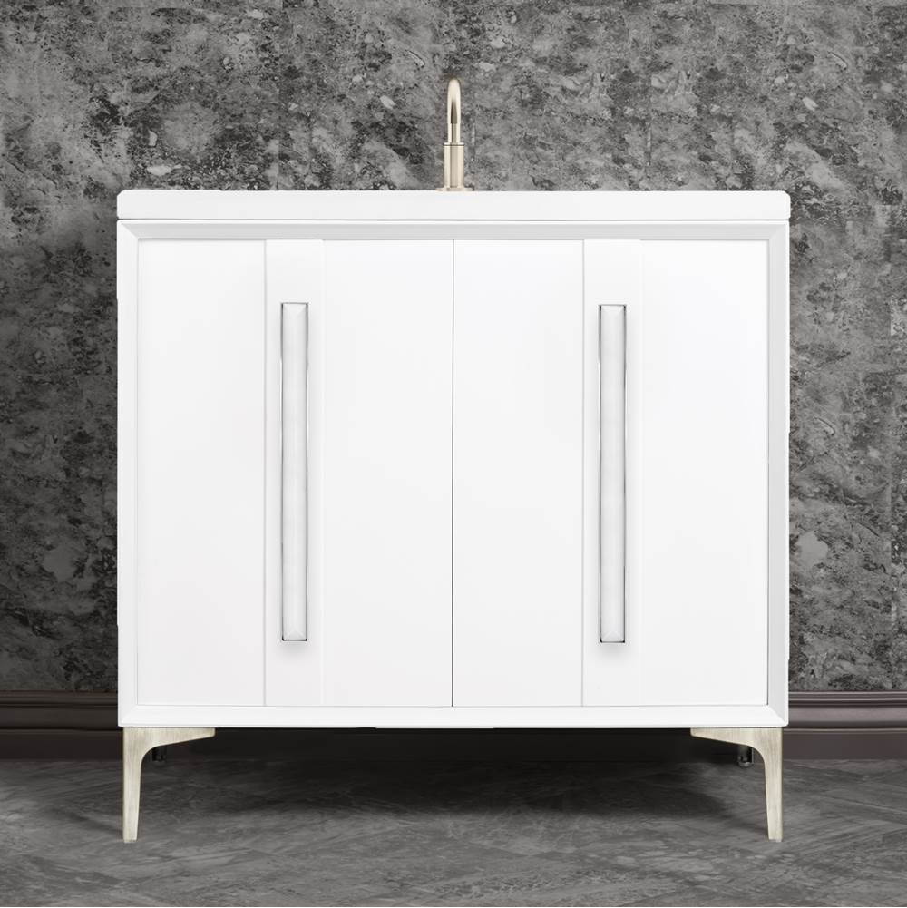 Linkasink - TUXEDO with 18'' Artisan Glass Prism Hardware 36'' Wide Vanity, White, Satin Nickel Hardware, 36'' x 22'' x 33.5'' (without vanity top) - Satin Nickel with White Prism Glass
