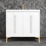 Linkasink - TUXEDO with 18'' Artisan Glass Pyramid Hardware 36'' Wide Vanity, White, Polished Brass Hardware, 36'' x 22'' x 33.5'' (without vanity top) - Polished Brass with White Pyramid Glass