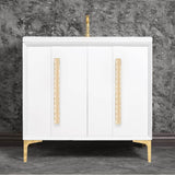 Linkasink - TUXEDO with 18'' Artisan Glass Pyramid Hardware 36'' Wide Vanity, White, Polished Brass Hardware, 36'' x 22'' x 33.5'' (without vanity top) - Polished Brass with Ã‰glomisÃ© Pyramid Glass