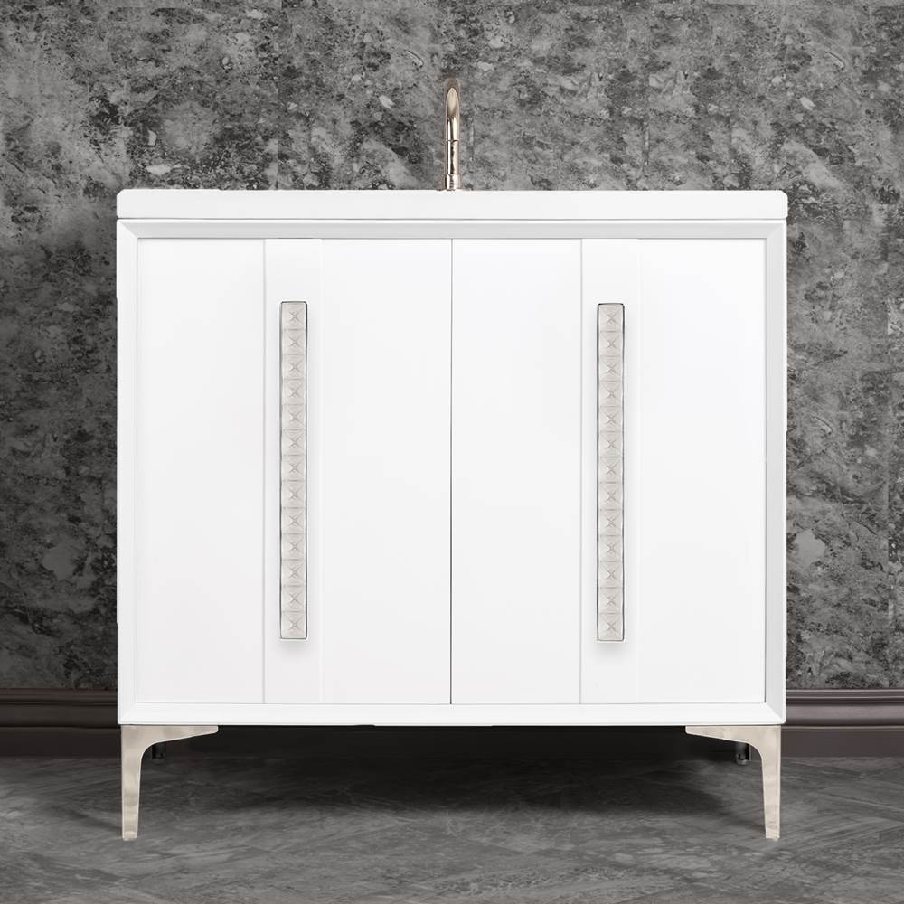 Linkasink - TUXEDO with 18'' Artisan Glass Pyramid Hardware 36'' Wide Vanity, White, Polished Nickel Hardware, 36'' x 22'' x 33.5'' (without vanity top) - Polished Nickel with Ã‰glomisÃ© Pyramid Glass
