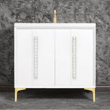 Linkasink - TUXEDO with 18'' Artisan Glass Pyramid Hardware 36'' Wide Vanity, White, Satin Brass Hardware, 36'' x 22'' x 33.5'' (without vanity top) - Satin Brass with White Pyramid Glass