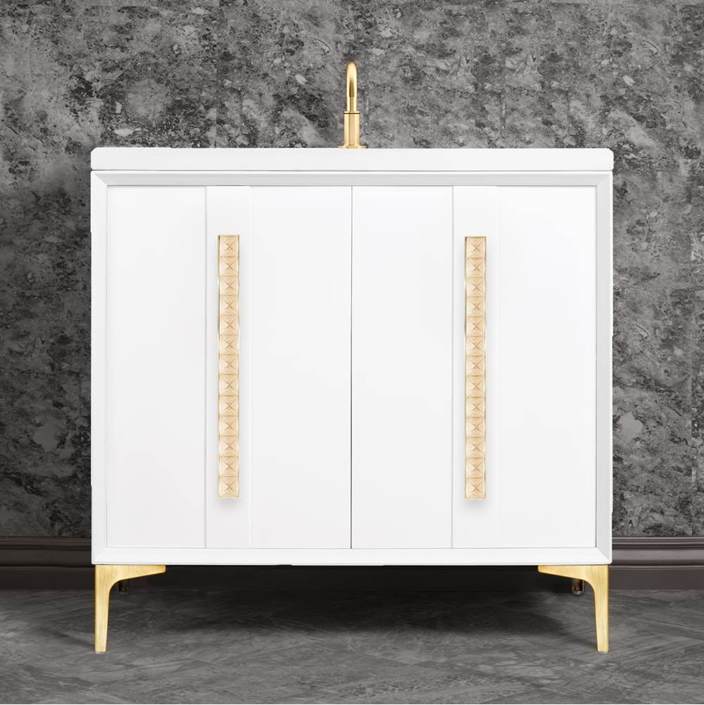 Linkasink - TUXEDO with 18'' Artisan Glass Pyramid Hardware 36'' Wide Vanity, White, Satin Brass Hardware, 36'' x 22'' x 33.5'' (without vanity top) - Satin Brass with Ã‰glomisÃ© Pyramid Glass
