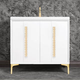 Linkasink - TUXEDO with 18'' Artisan Glass Pyramid Hardware 36'' Wide Vanity, White, Satin Brass Hardware, 36'' x 22'' x 33.5'' (without vanity top) - Satin Brass with Ã‰glomisÃ© Pyramid Glass
