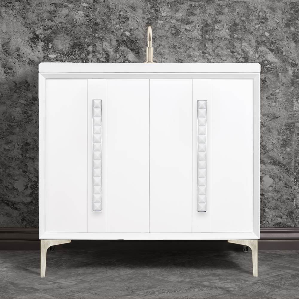 Linkasink - TUXEDO with 18'' Artisan Glass Pyramid Hardware 36'' Wide Vanity, White, Satin Nickel Hardware, 36'' x 22'' x 33.5'' (without vanity top) - Satin Nickel with White Pyramid Glass