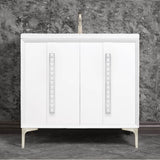Linkasink - TUXEDO with 18'' Artisan Glass Pyramid Hardware 36'' Wide Vanity, White, Satin Nickel Hardware, 36'' x 22'' x 33.5'' (without vanity top) - Satin Nickel with White Pyramid Glass