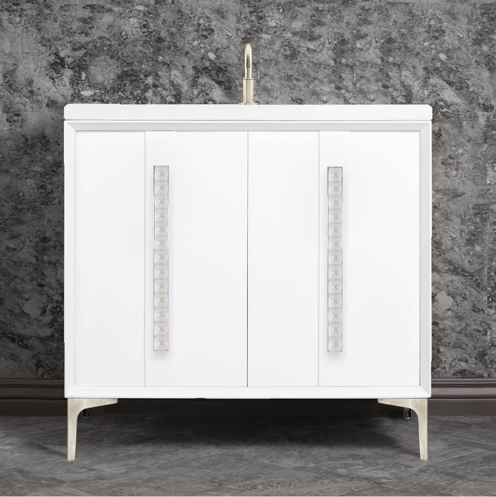 Linkasink - TUXEDO with 18'' Artisan Glass Pyramid Hardware 36'' Wide Vanity, White, Satin Nickel Hardware, 36'' x 22'' x 33.5'' (without vanity top) - Satin Nickel with Eglomise Pyramid Glass