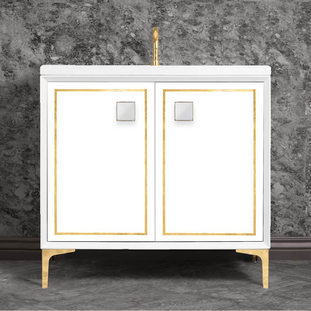 Linkasink - LINEA with 3'' Artisan Glass Prism Hardware 36'' Wide Vanity, White, Polished Brass Hardware, 36'' x 22'' x 33.5'' (without vanity top) - Polished Brass with White Prism Glass