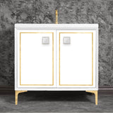 Linkasink - LINEA with 3'' Artisan Glass Prism Hardware 36'' Wide Vanity, White, Polished Brass Hardware, 36'' x 22'' x 33.5'' (without vanity top) - Polished Brass with White Prism Glass
