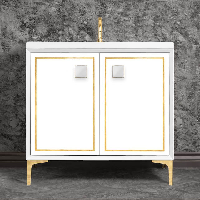 Linkasink - LINEA with 3'' Artisan Glass Prism Hardware 36'' Wide Vanity, White, Polished Brass Hardware, 36'' x 22'' x 33.5'' (without vanity top) - Polished Brass with White Prism Glass