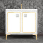Linkasink - LINEA with 3'' Artisan Glass Prism Hardware 36'' Wide Vanity, White, Polished Brass Hardware, 36'' x 22'' x 33.5'' (without vanity top) - Polished Brass with White Prism Glass