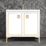 Linkasink - LINEA with 3'' Artisan Glass Prism Hardware 36'' Wide Vanity, White, Polished Brass Hardware, 36'' x 22'' x 33.5'' (without vanity top) - Polished Brass with Eglomise Prism Glass