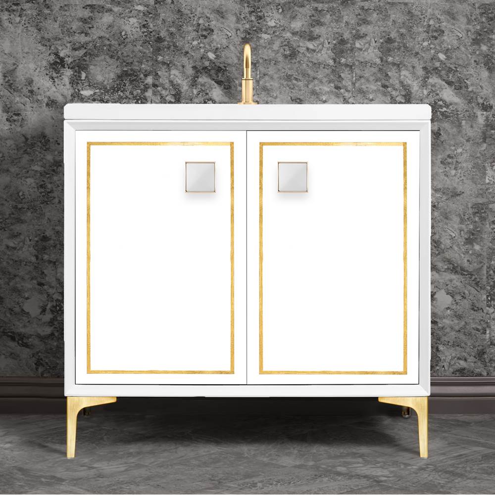 Linkasink - LINEA with 3'' Artisan Glass Prism Hardware 36'' Wide Vanity, White, Satin Brass Hardware, 36'' x 22'' x 33.5'' (without vanity top) - Satin Brass with White Prism Glass