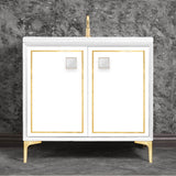 Linkasink - LINEA with 3'' Artisan Glass Prism Hardware 36'' Wide Vanity, White, Satin Brass Hardware, 36'' x 22'' x 33.5'' (without vanity top) - Satin Brass with White Prism Glass