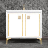 Linkasink - LINEA with 3'' Artisan Glass Prism Hardware 36'' Wide Vanity, White, Satin Brass Hardware, 36'' x 22'' x 33.5'' (without vanity top) - Satin Brass with Eglomise Prism Glass