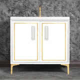 Linkasink - LINEA with 8'' Artisan Glass Prism Hardware 36'' Wide Vanity, White, Polished Brass Hardware, 36'' x 22'' x 33.5'' (without vanity top) - Polished Brass with White Prism Glass