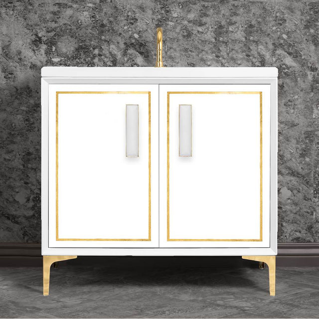 Linkasink - LINEA with 8'' Artisan Glass Prism Hardware 36'' Wide Vanity, White, Polished Brass Hardware, 36'' x 22'' x 33.5'' (without vanity top) - Polished Brass with White Prism Glass