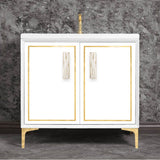Linkasink - LINEA with 8'' Artisan Glass Prism Hardware 36'' Wide Vanity, White, Polished Brass Hardware, 36'' x 22'' x 33.5'' (without vanity top) - Polished Brass with White Tiger Prism Glass
