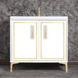 Linkasink - LINEA with 8'' Artisan Glass Prism Hardware 36'' Wide Vanity, White, Polished Brass Hardware, 36'' x 22'' x 33.5'' (without vanity top) - Polished Brass with Eglomise Prism Glass