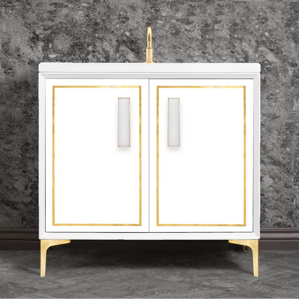 Linkasink - LINEA with 8'' Artisan Glass Prism Hardware 36'' Wide Vanity, White, Satin Brass Hardware, 36'' x 22'' x 33.5'' (without vanity top) - Satin Brass with White Prism Glass