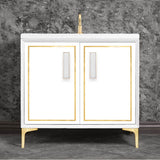 Linkasink - LINEA with 8'' Artisan Glass Prism Hardware 36'' Wide Vanity, White, Satin Brass Hardware, 36'' x 22'' x 33.5'' (without vanity top) - Satin Brass with White Prism Glass