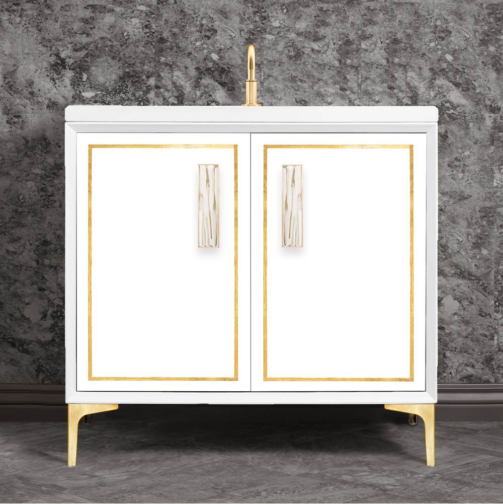 Linkasink - Linea with 8'' White Tiger Artisan Glass Prism, 36'' Wide Vanity, White, Satin Brass Hardware with White Glass, 36'' x 22'' x 33.5'' (without vanity top) - Satin Brass with White Tiger Prism Glass