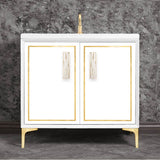 Linkasink - Linea with 8'' White Tiger Artisan Glass Prism, 36'' Wide Vanity, White, Satin Brass Hardware with White Glass, 36'' x 22'' x 33.5'' (without vanity top) - Satin Brass with White Tiger Prism Glass