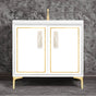 Linkasink - Linea with 8'' White Tiger Artisan Glass Prism, 36'' Wide Vanity, White, Satin Brass Hardware with White Glass, 36'' x 22'' x 33.5'' (without vanity top) - Satin Brass with White Tiger Prism Glass