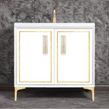 Linkasink - LINEA with 8'' Artisan Glass Prism Hardware 36'' Wide Vanity, White, Satin Brass Hardware, 36'' x 22'' x 33.5'' (without vanity top) - Satin Brass with Eglomise Prism Glass
