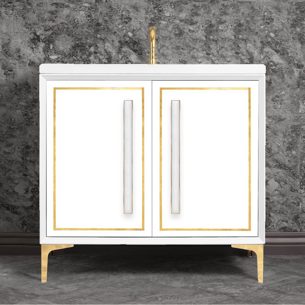 Linkasink - LINEA with 18'' Artisan Glass Prism Hardware 36'' Wide Vanity, White, Polished Brass Hardware, 36'' x 22'' x 33.5'' (without vanity top) - Polished Brass with White Prism Glass