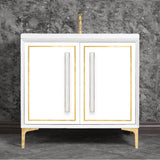 Linkasink - LINEA with 18'' Artisan Glass Prism Hardware 36'' Wide Vanity, White, Polished Brass Hardware, 36'' x 22'' x 33.5'' (without vanity top) - Polished Brass with White Prism Glass