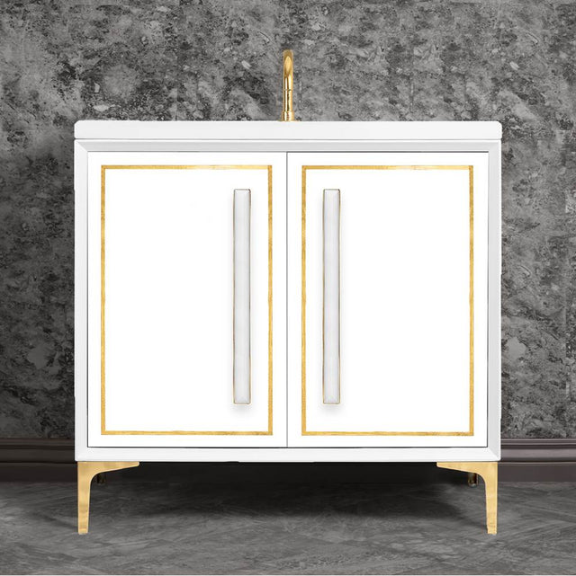 Linkasink - LINEA with 18'' Artisan Glass Prism Hardware 36'' Wide Vanity, White, Polished Brass Hardware, 36'' x 22'' x 33.5'' (without vanity top) - Polished Brass with White Prism Glass