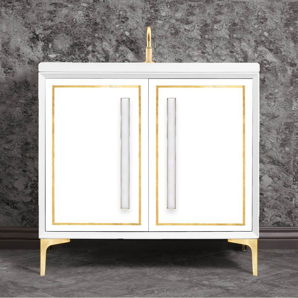 Linkasink - LINEA with 18'' Artisan Glass Prism Hardware 36'' Wide Vanity, White, Satin Brass Hardware, 36'' x 22'' x 33.5'' (without vanity top) - Satin Brass with White Prism Glass