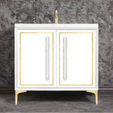 Linkasink - LINEA with 18'' Artisan Glass Prism Hardware 36'' Wide Vanity, White, Satin Brass Hardware, 36'' x 22'' x 33.5'' (without vanity top) - Satin Brass with White Prism Glass