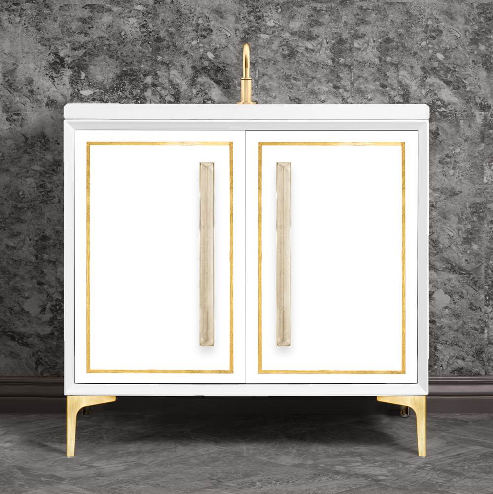 Linkasink - LINEA with 18'' Artisan Glass Prism Hardware 36'' Wide Vanity, White, Satin Brass Hardware, 36'' x 22'' x 33.5'' (without vanity top) - Satin Brass with Eglomise Prism Glass