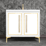 Linkasink - LINEA with 18'' Artisan Glass Prism Hardware 36'' Wide Vanity, White, Satin Brass Hardware, 36'' x 22'' x 33.5'' (without vanity top) - Satin Brass with Eglomise Prism Glass