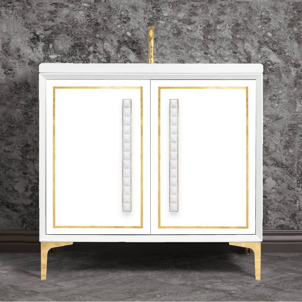 Linkasink - LINEA with 18'' Artisan Glass Pyramid Hardware 36'' Wide Vanity, White, Polished Brass Hardware, 36'' x 22'' x 33.5'' (without vanity top) - Polished Brass with White Pyramid Glass