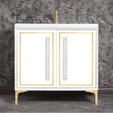 Linkasink - LINEA with 18'' Artisan Glass Pyramid Hardware 36'' Wide Vanity, White, Polished Brass Hardware, 36'' x 22'' x 33.5'' (without vanity top) - Polished Brass with White Pyramid Glass