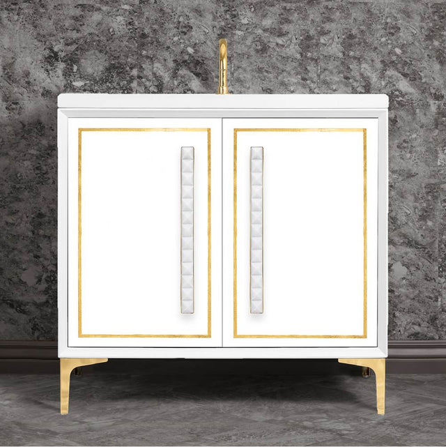Linkasink - LINEA with 18'' Artisan Glass Pyramid Hardware 36'' Wide Vanity, White, Polished Brass Hardware, 36'' x 22'' x 33.5'' (without vanity top) - Polished Brass with White Pyramid Glass